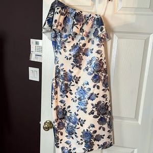 Gorgeous own shoulder white dress with blue/silver metallics